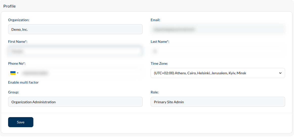 the Profile screen: Organization, Email, names, Phone, Time Zone, Group and Role