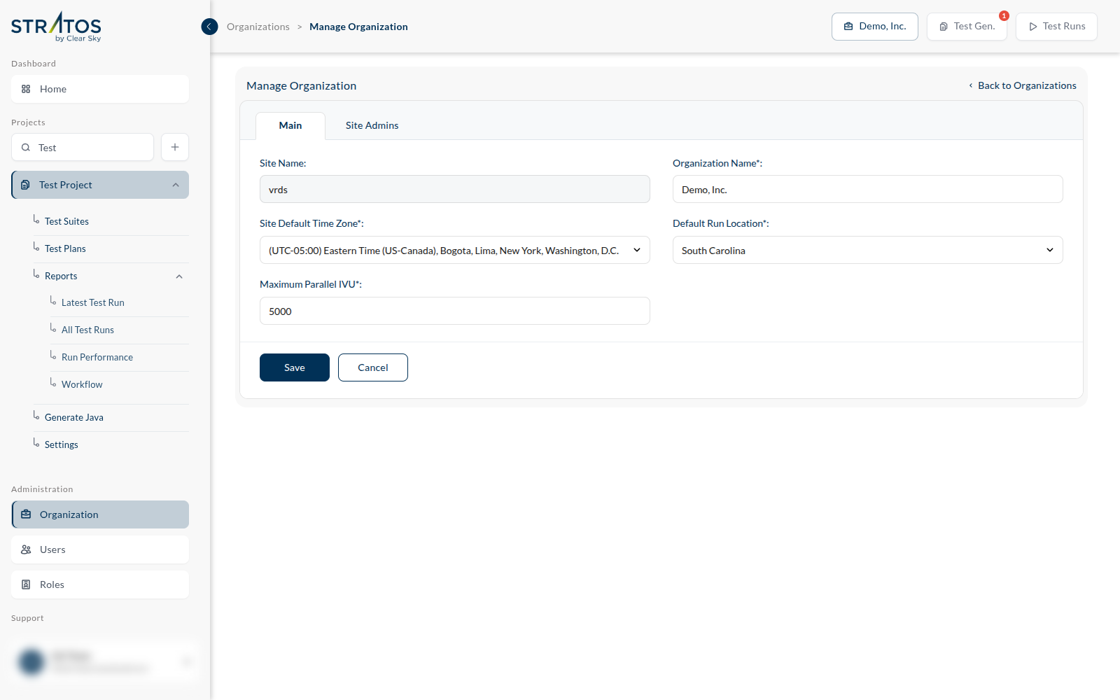 the Manage Organization screen, Main tab
