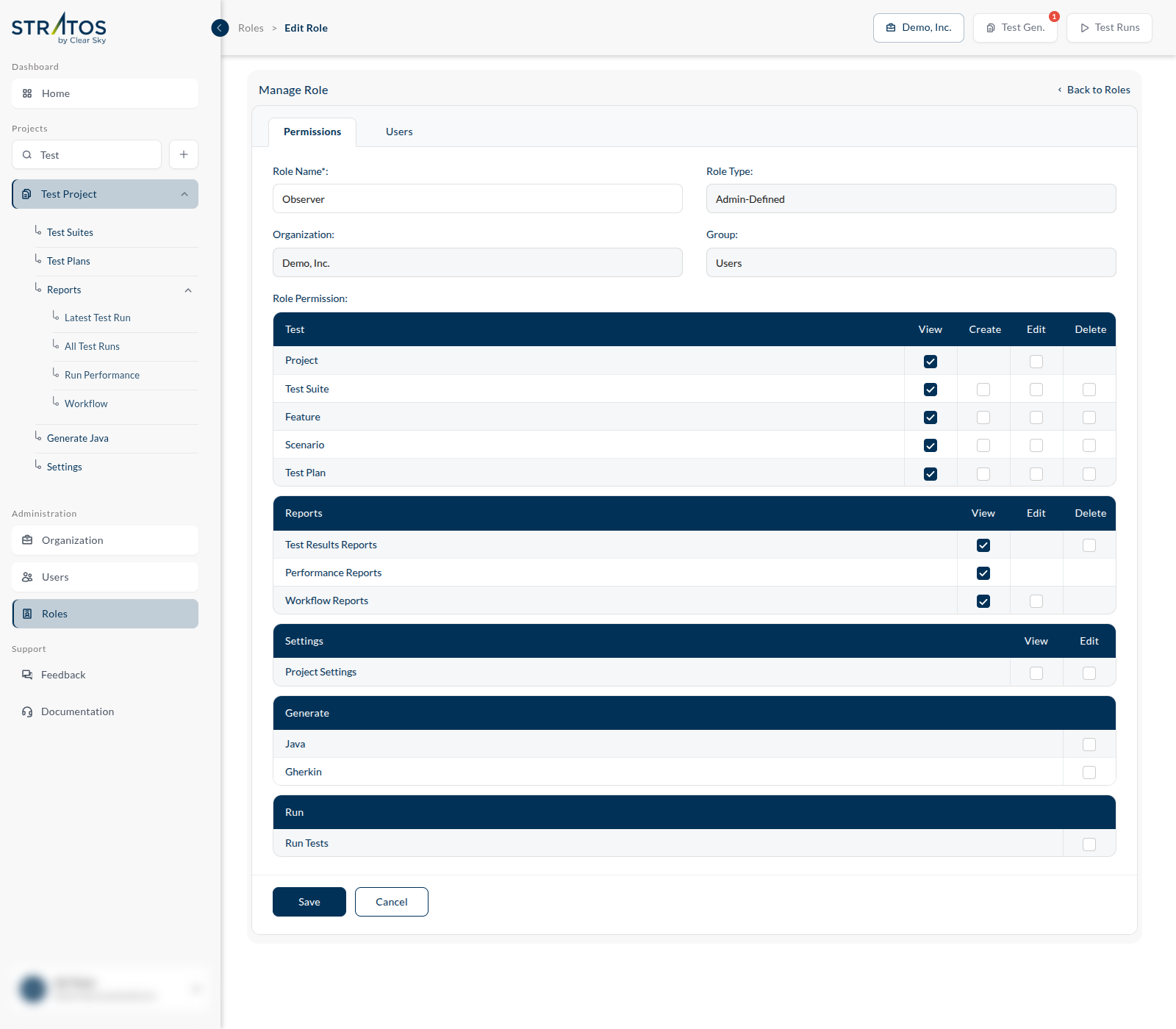 the Manage Role screen with the permission matrix: Test / Reports / Settings / Generate / Run