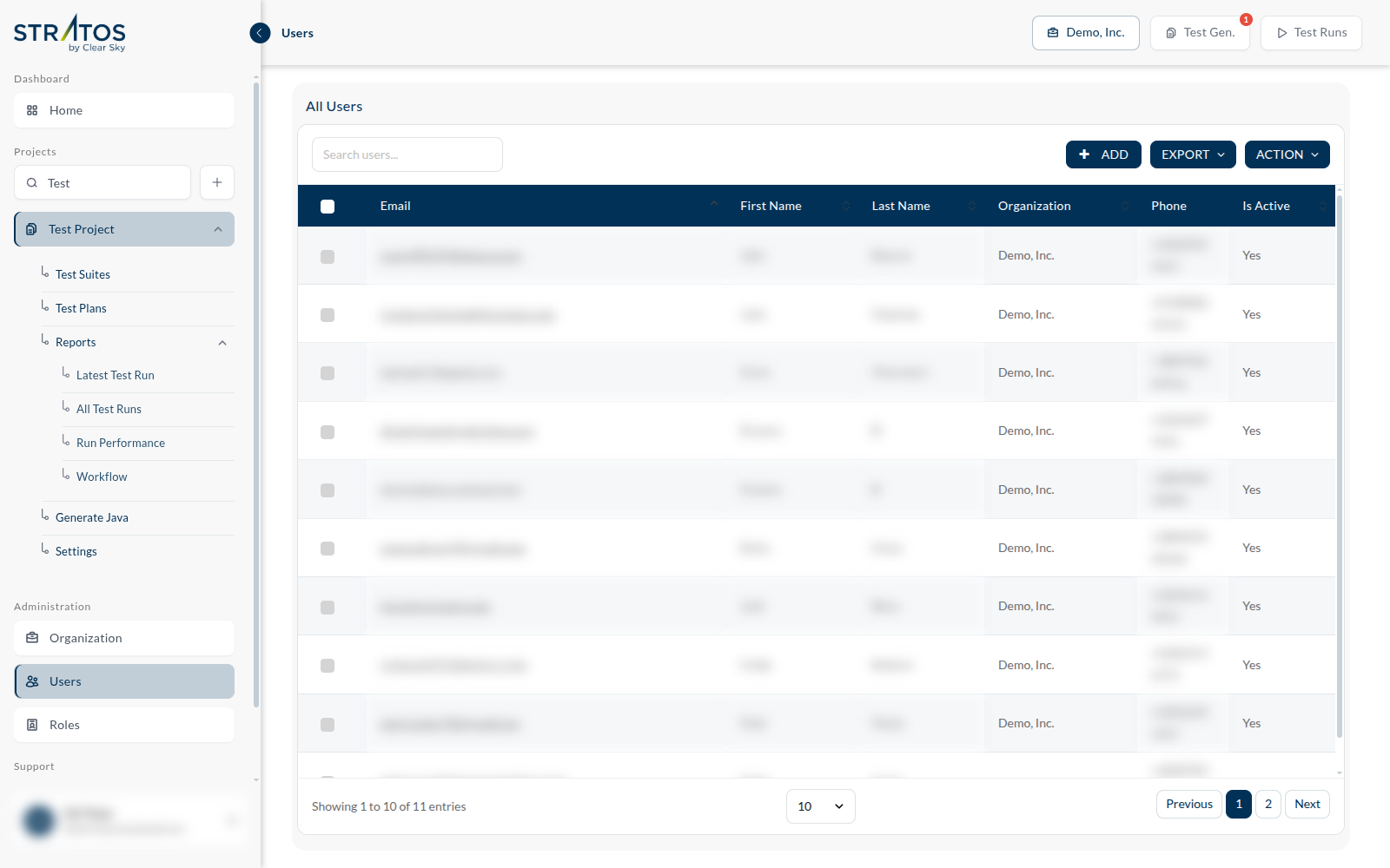 The All Users grid: email, name, organization, phone and active status, with the Add / Export / Action toolbar