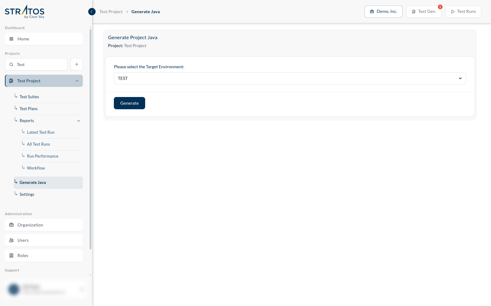 the Generate Project Java screen: the Target Environment dropdown and the Generate button