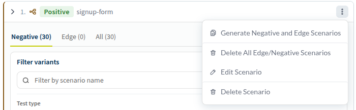 the ⋮ menu on a positive scenario, showing 'Generate Negative and Edge Scenarios'