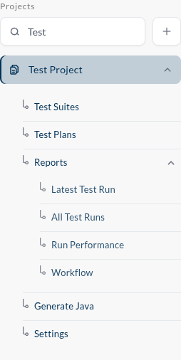 the sidebar with a project expanded into Test Suites / Test Plans / Reports / Generate Java / Settings