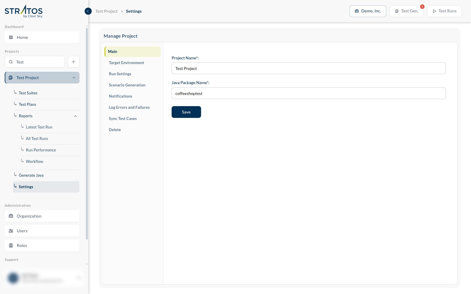 the Manage Project screen with the tab list on the left and the Main tab open