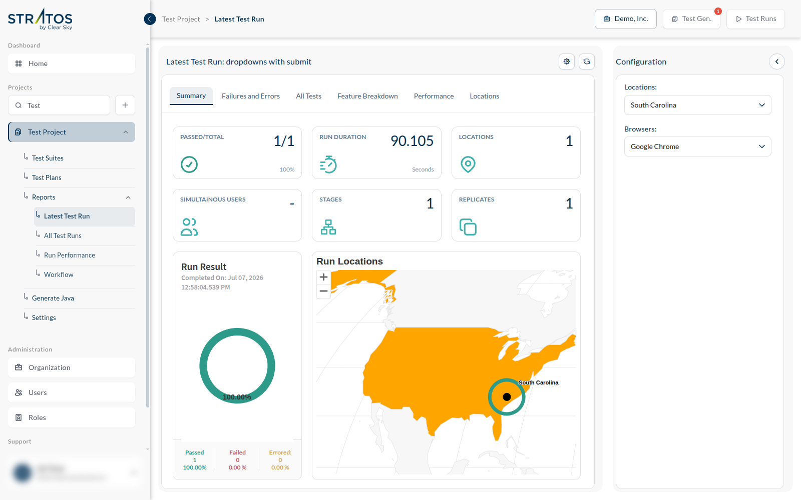 the Latest Test Run report: the tiles, the Run Result chart, and the tab strip
