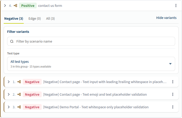 a positive scenario expanded on its Negative tab, showing several generated negative variants and the Test type filter