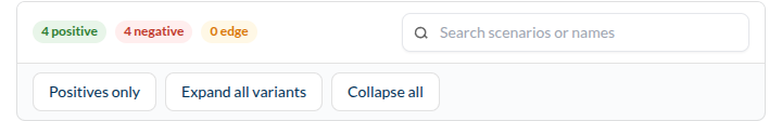 the Scenarios block: the positive/negative/edge counters, the search box, and the Positives only / Expand all variants / Collapse all buttons