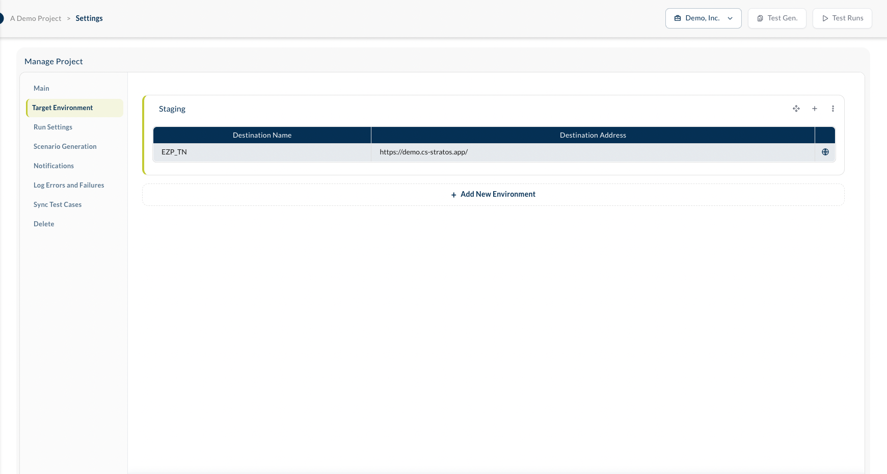 the Target Environment tab: the environment name and the Destination Name / Destination Address table
