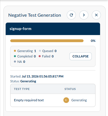 the Negative Test Generation panel with a generation in progress