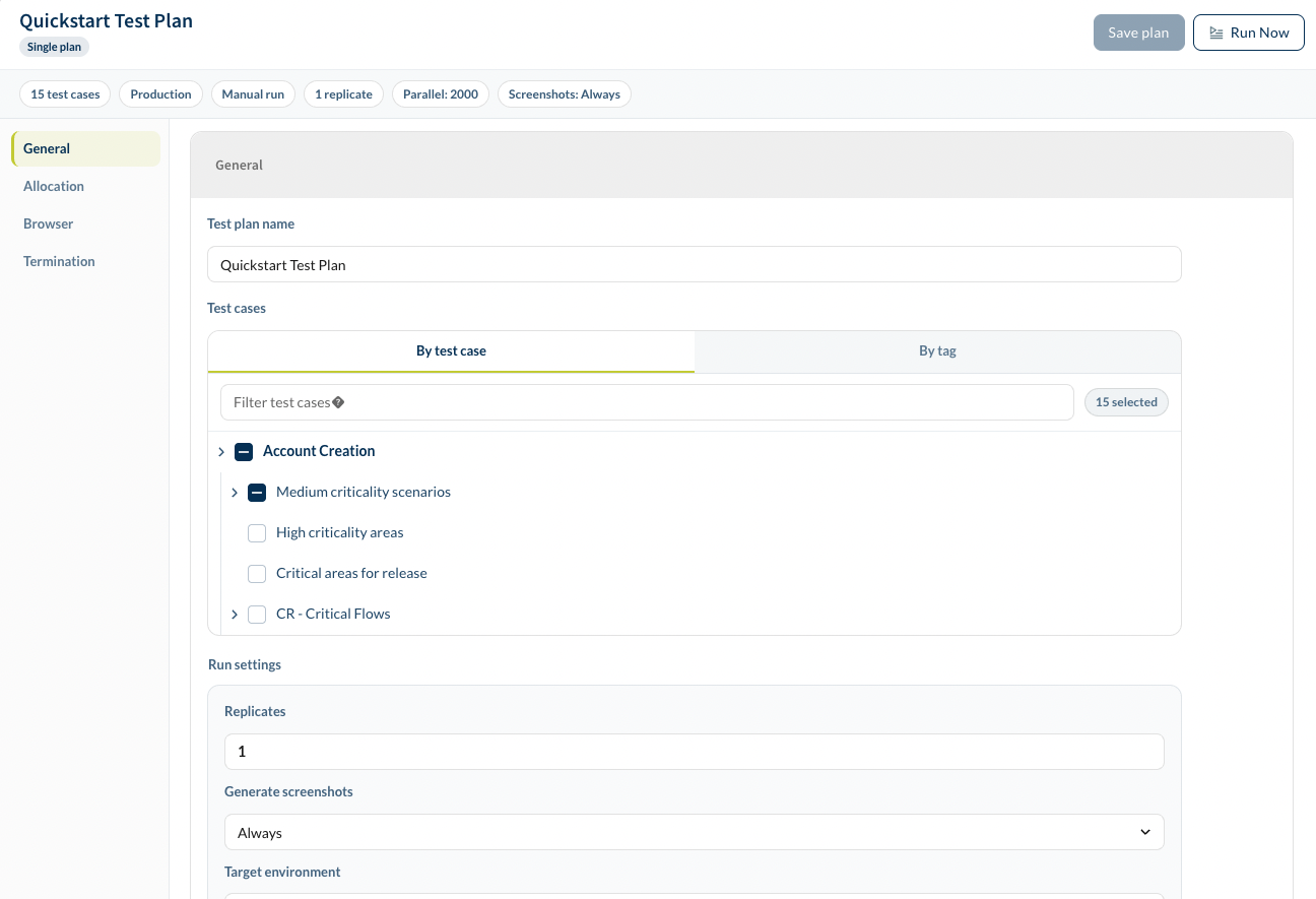 a test plan open on the General tab: the summary chips, the tab list, the plan name and the test-case picker