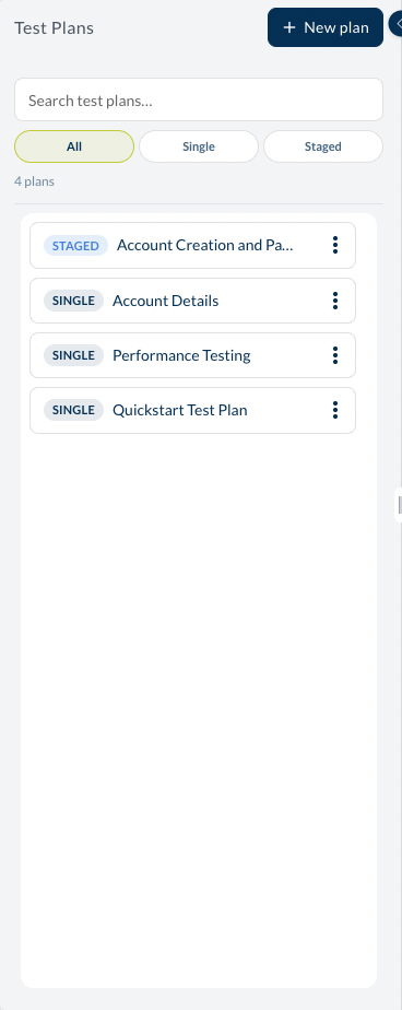 the Test Plans catalog: the search box, the All / Single / Staged / Batched filters, and the list of plans with their type badges