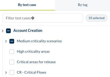 the Test cases block: the By test case / By tag tabs, the filter, and the suite tree with checkboxes
