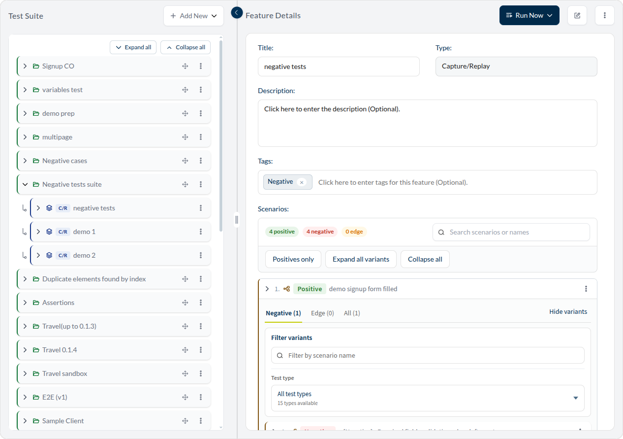 the Test Suite screen: the catalog on the left with a suite expanded into its features, the details pane on the right